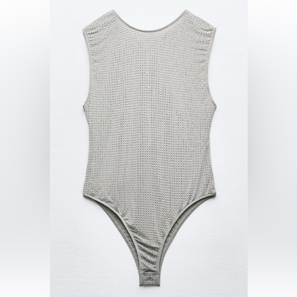 Gray  rhinestones Textured Sleeveless Bodysuit